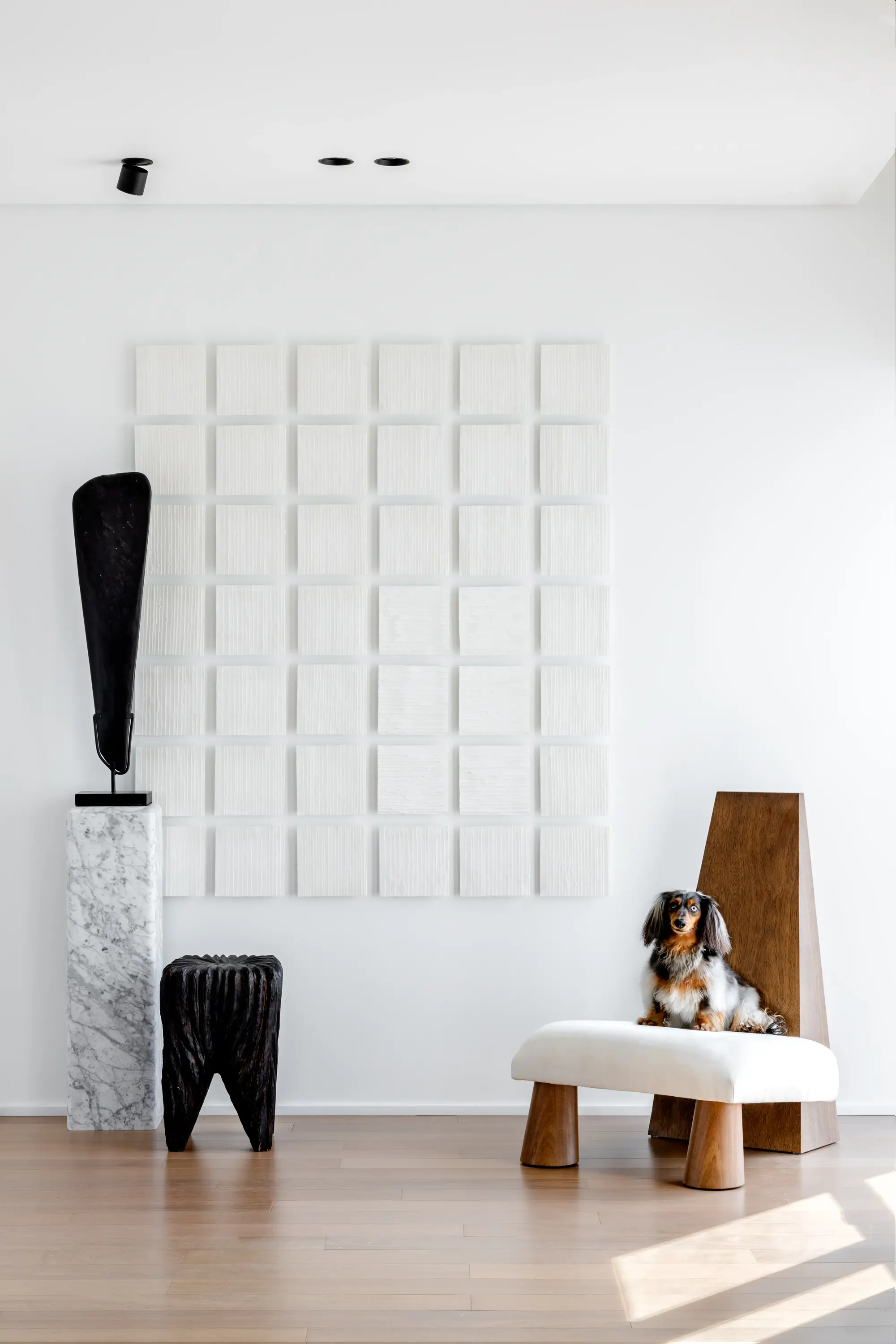 Poltrona com cachorro e escultura de parede no Apto Luz - Studio Guilherme Garcia