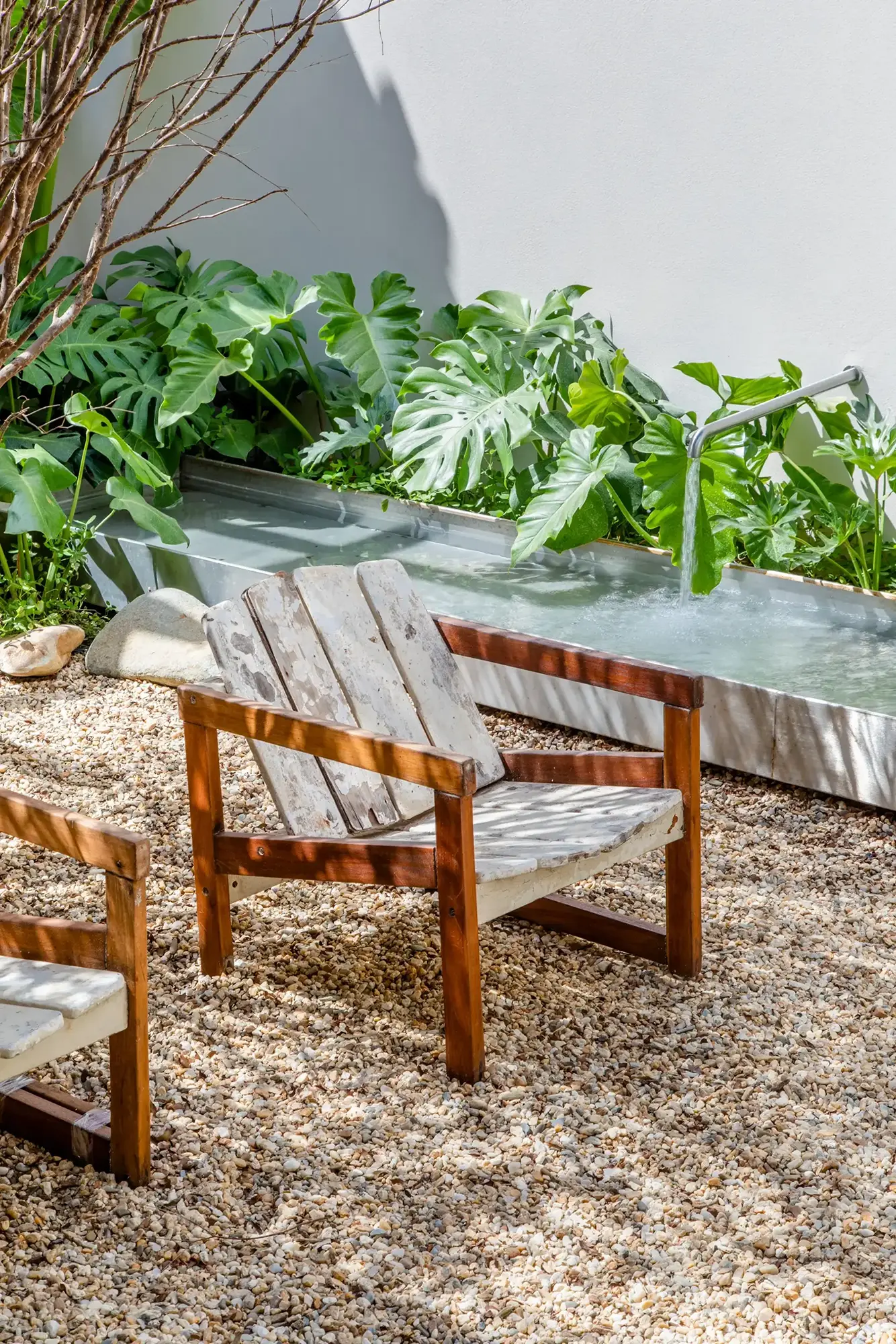 Poltrona de madeira com design orgânico em pátio com vegetação tropical, produção do Escritório WJ por Studio Guilherme Garcia.