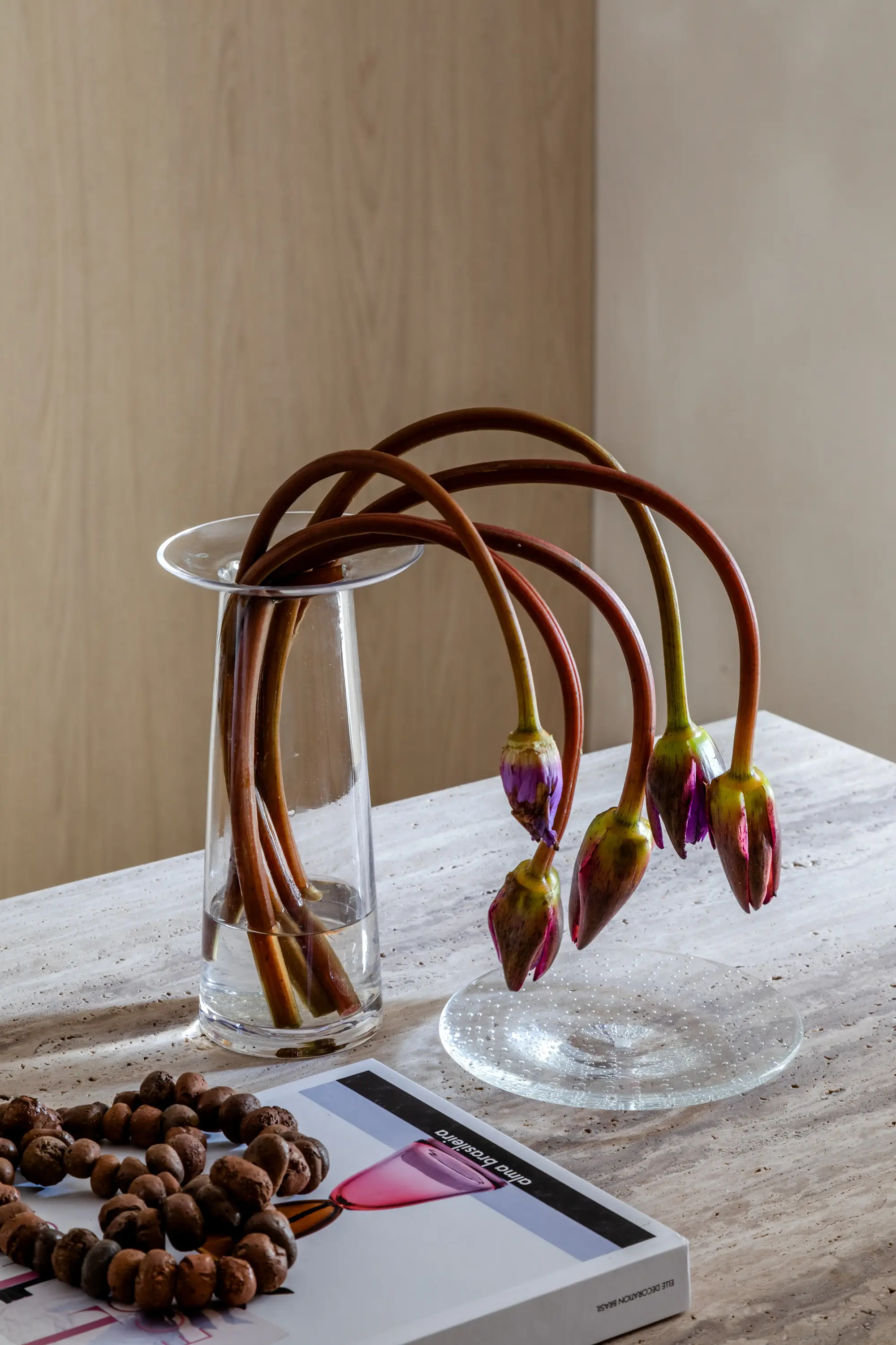 Vaso de vidro com flores avermelhadas em mesa de mármore. Produção do Escritório WJ por Studio Guilherme Garcia.